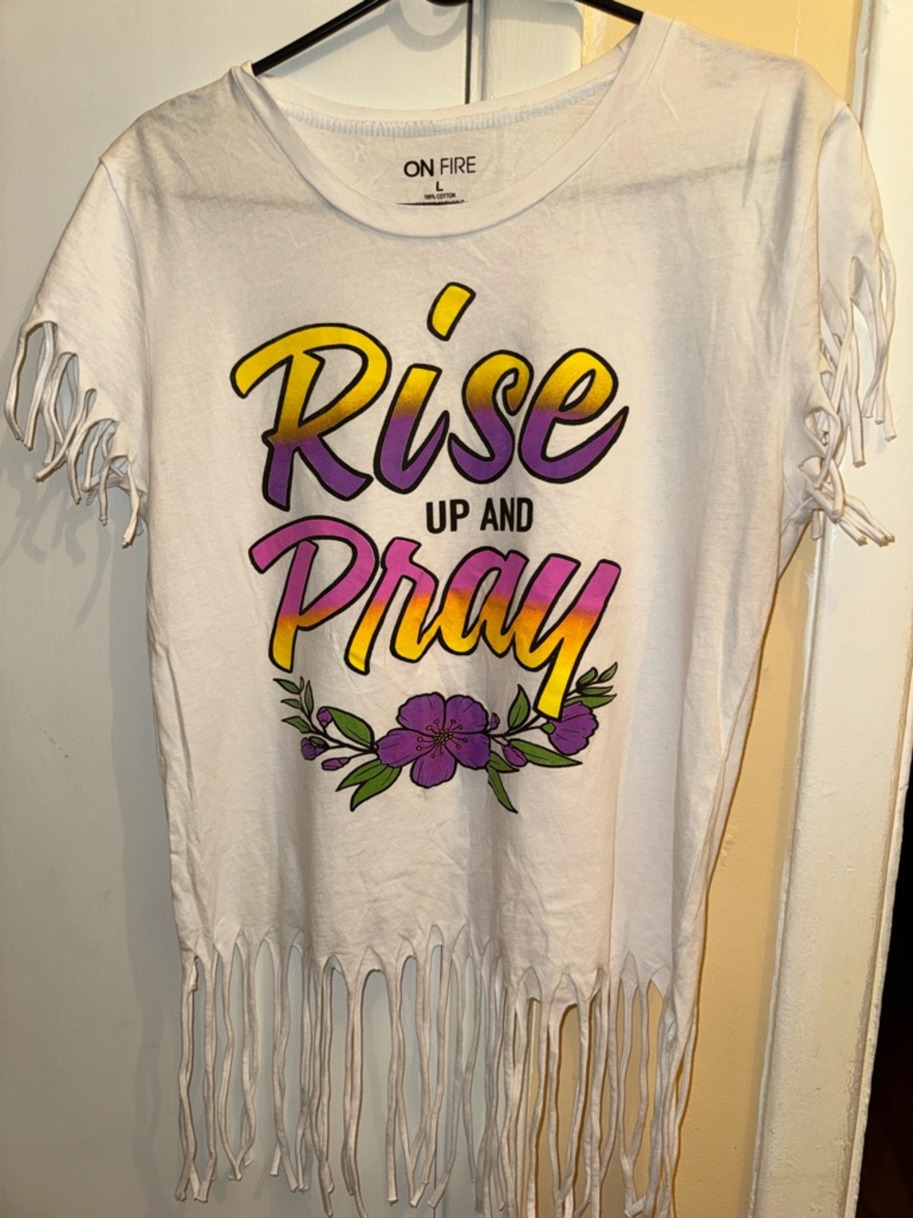On Fire White Tee with Purple & Yellow "Rise Up and Pray" Graphic